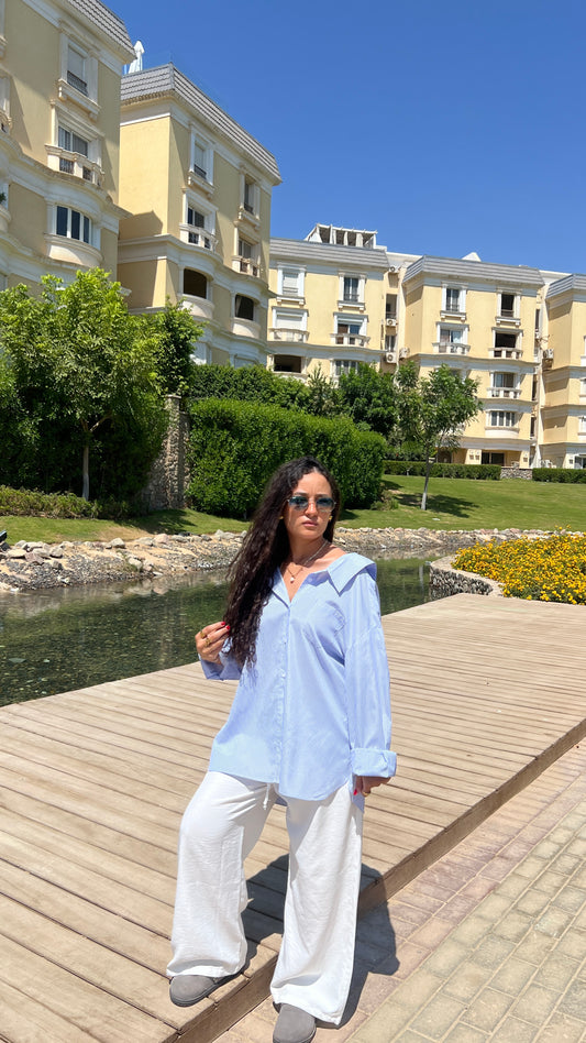 Oversized Striped Open-Back Shirt – Blue & White