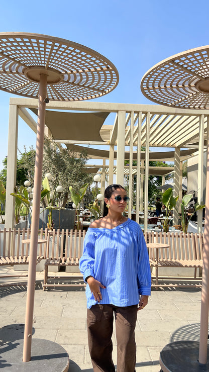 Blue Off-Shoulder Striped Blouse