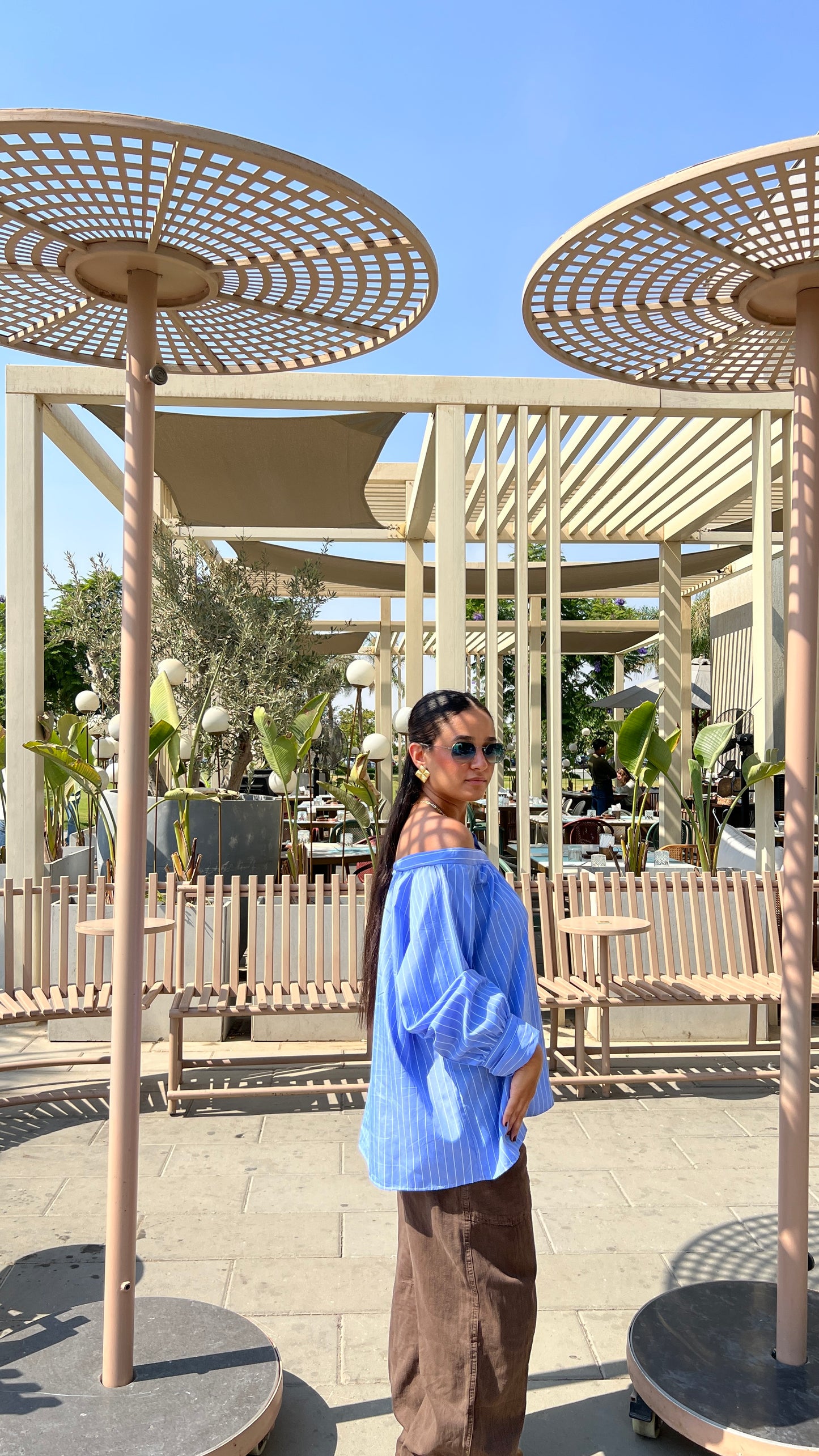 Blue Off-Shoulder Striped Blouse