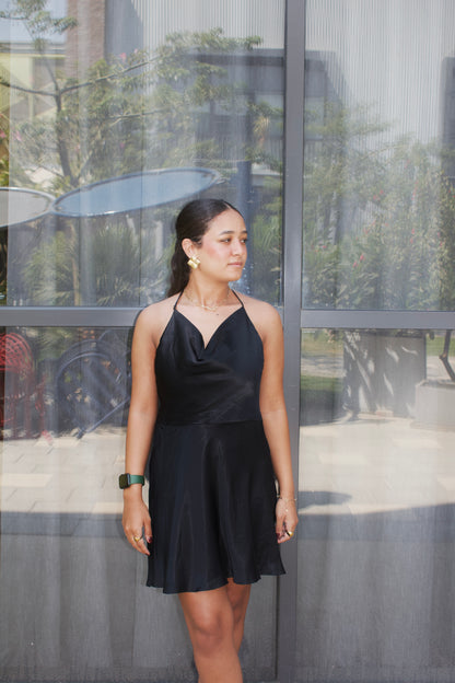 Black Satin Backless Mini Dress