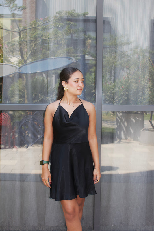 Black Satin Backless Mini Dress