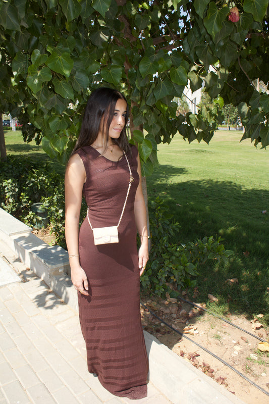 Brown Sleeveless Fitted Maxi Dress